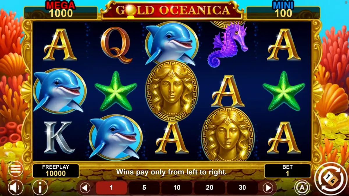 Tampilan visual slot Gold Oceanica dengan tema dewi laut dan harta karun bawah air