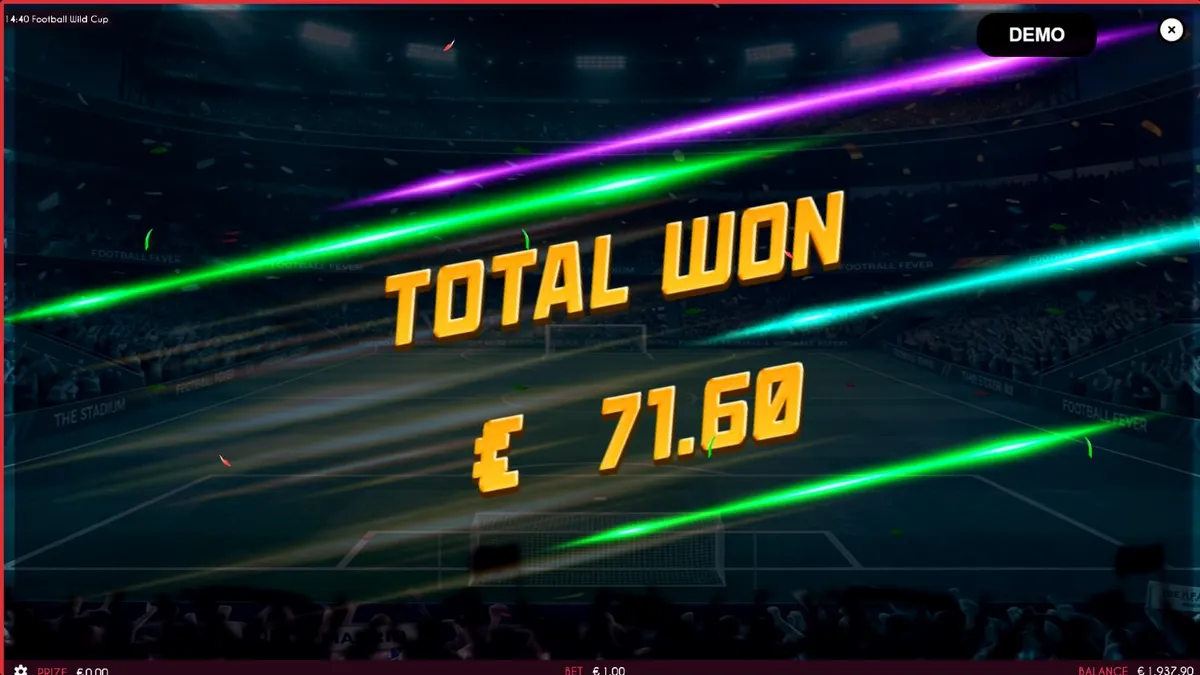 Tampilan visual slot Football Wild Cup dengan latar belakang stadion sepak bola yang megah