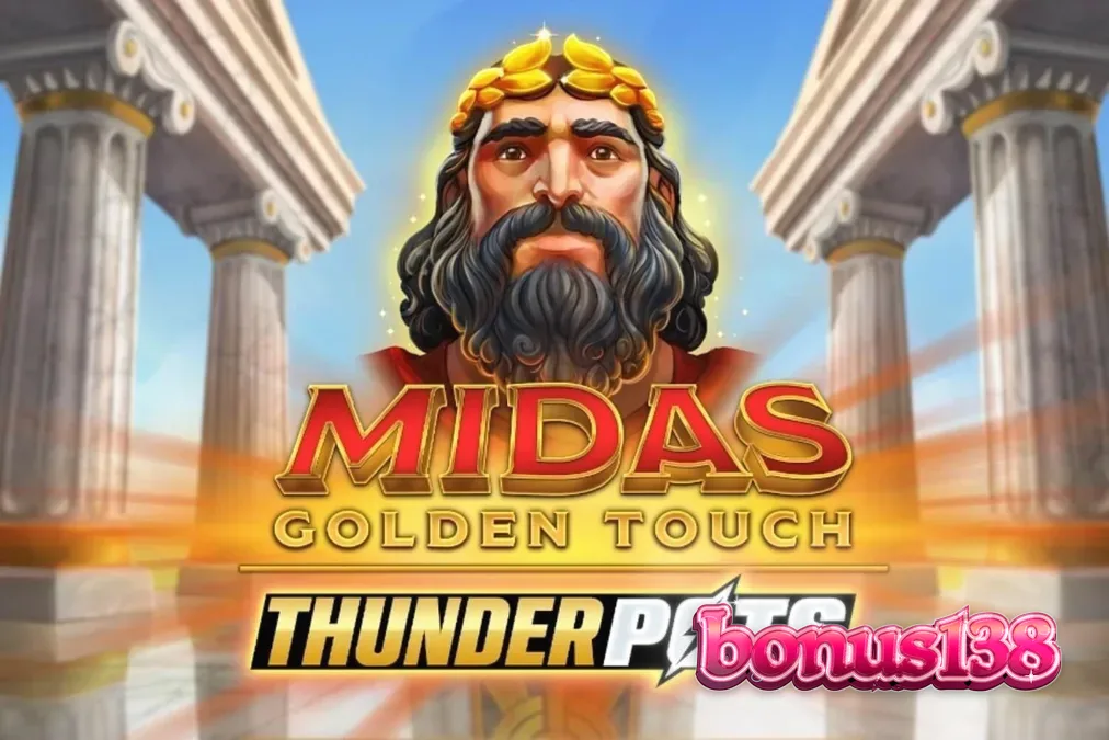 Tampilan visual slot Midas Golden Touch: Thunder Pots dengan latar belakang istana emas dan peti harta karun.