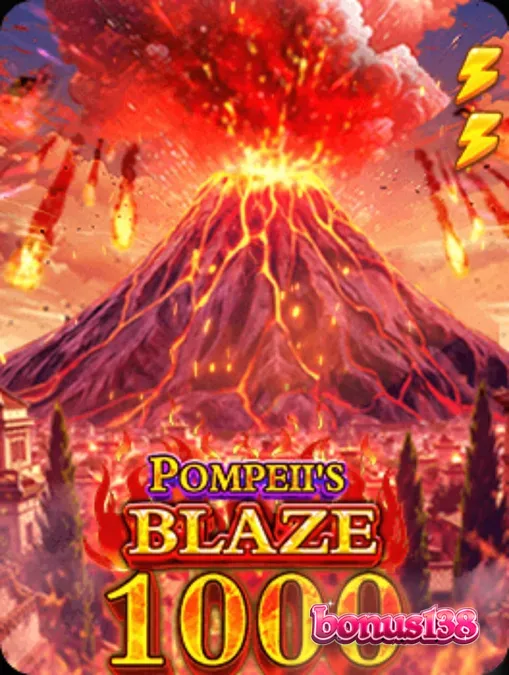 Tampilan visual slot Pompeii’s Blaze 1000 dengan latar belakang gunung berapi dan simbol Romawi.
